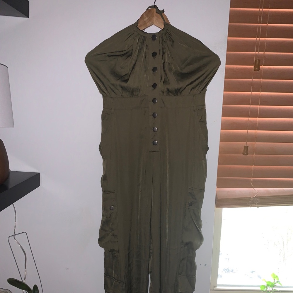 olive green free people halter self tie jumpsuit